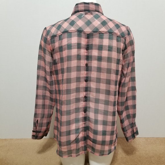 Faded Glory top Small 4/6 plaid sheer hi low chiffon button up down pocket check - Picture 3 of 16